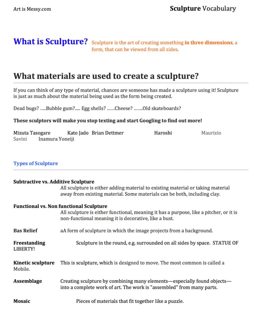 Worksheet Sculpture Vocabulary Art Lesson Plans